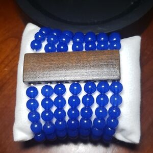 Blue Beaded Bracelet with Wooden Accent